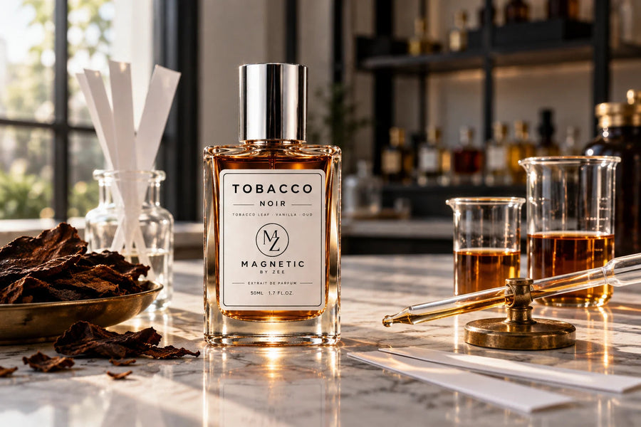 TOBACCO NOIR Extrait de Parfum bottle on a marble perfumer's bench with dried tobacco leaves, glass beakers and white scent strips