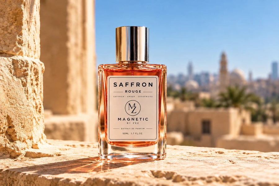 SAFFRON ROUGE bottle on a sunlit stone ledge overlooking a city of minarets and domes on a hot, clear day