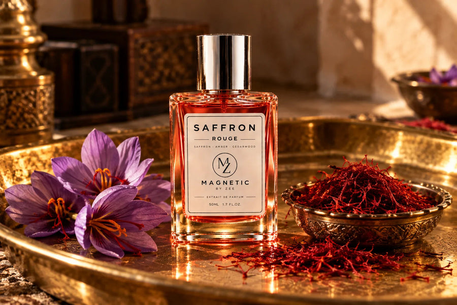 SAFFRON ROUGE bottle on a brass tray with purple saffron crocus flowers and a bowl of red saffron threads