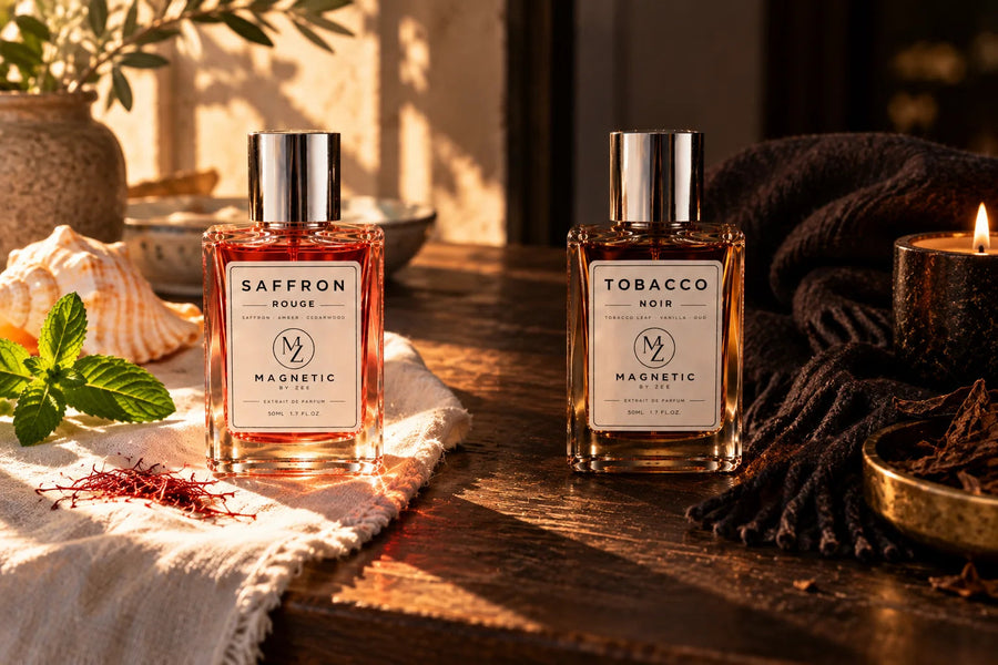 SAFFRON ROUGE and TOBACCO NOIR side by side, with seashells, mint and saffron for summer and a knit throw and candle for winter