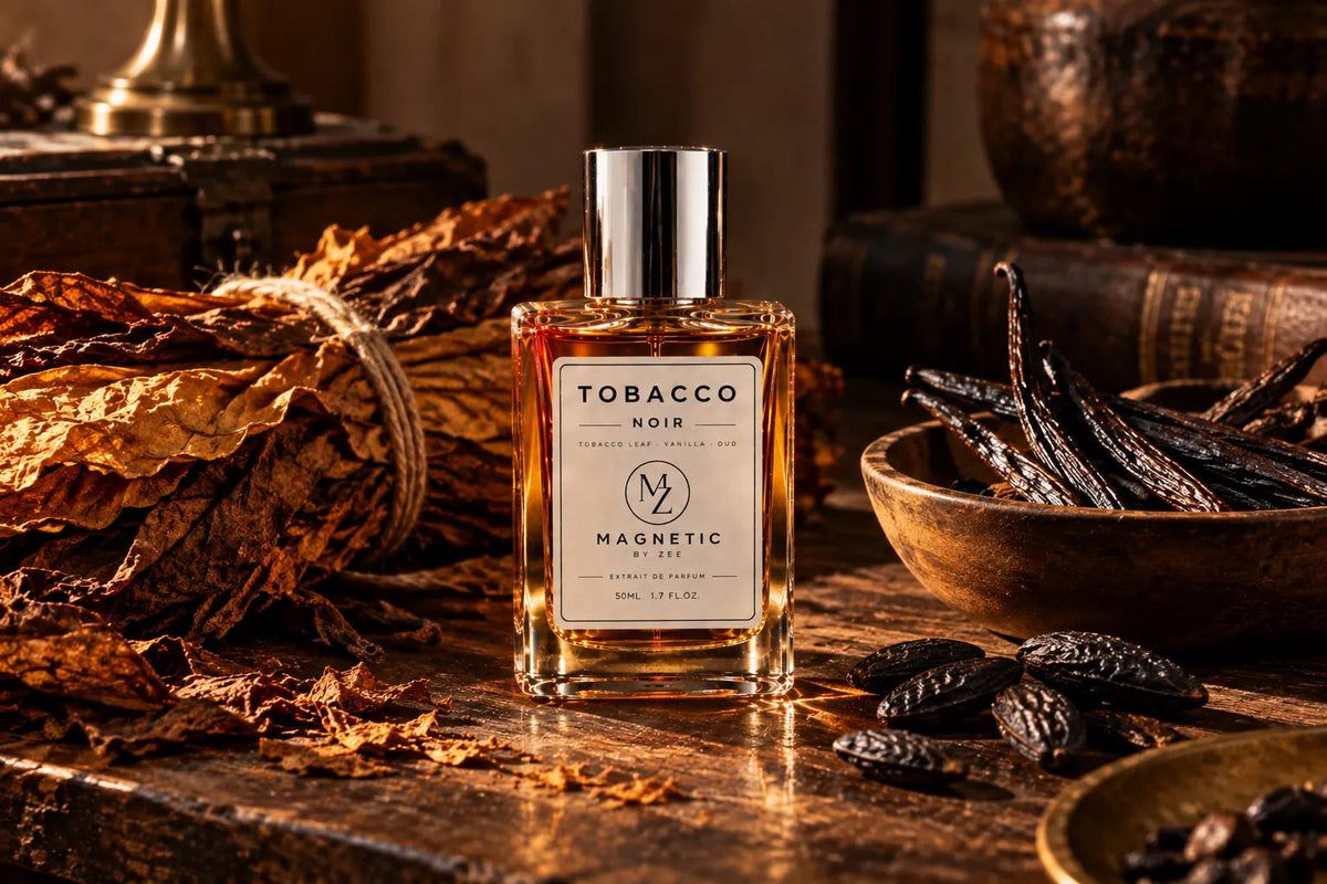 TOBACCO NOIR bottle on a wooden table with a bundle of dried tobacco leaves, vanilla pods and tonka beans