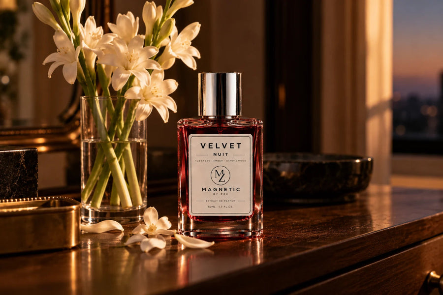 VELVET NUIT bottle on a dark wooden dresser beside a vase of white tuberose flowers at sunset