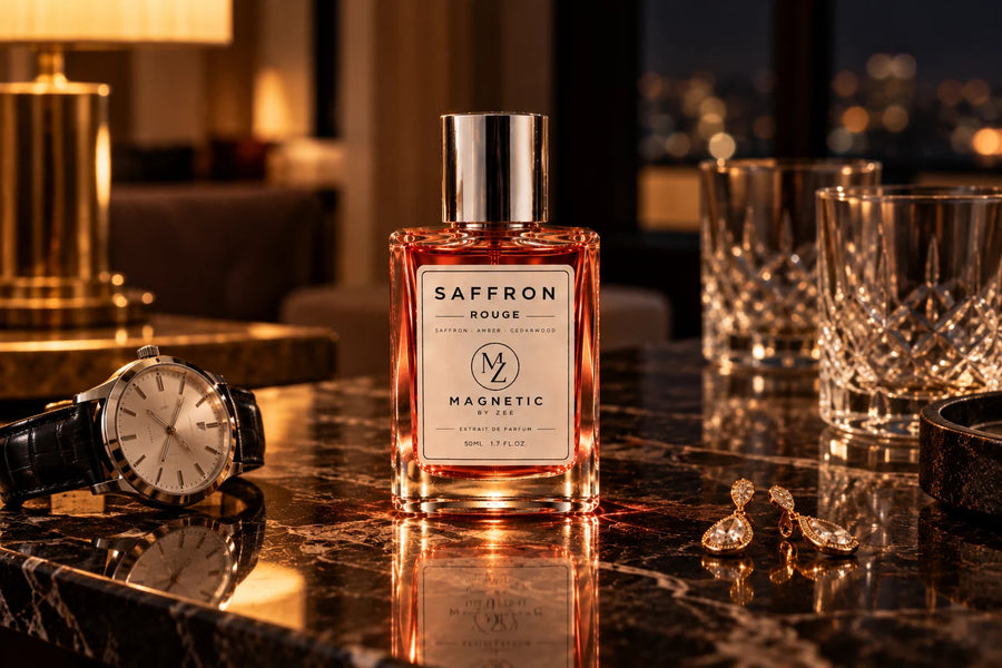 SAFFRON ROUGE bottle on a marble table at night beside a man's watch, crystal glasses and a pair of drop earrings