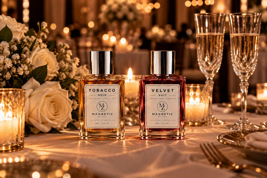TOBACCO NOIR and VELVET NUIT on a candlelit wedding table with white roses and crystal flutes