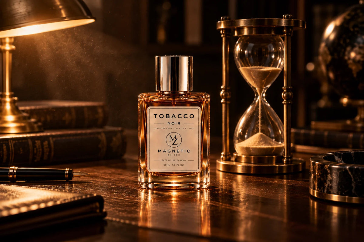 TOBACCO NOIR bottle on a dark desk beside an hourglass, a brass lamp and leather bound books