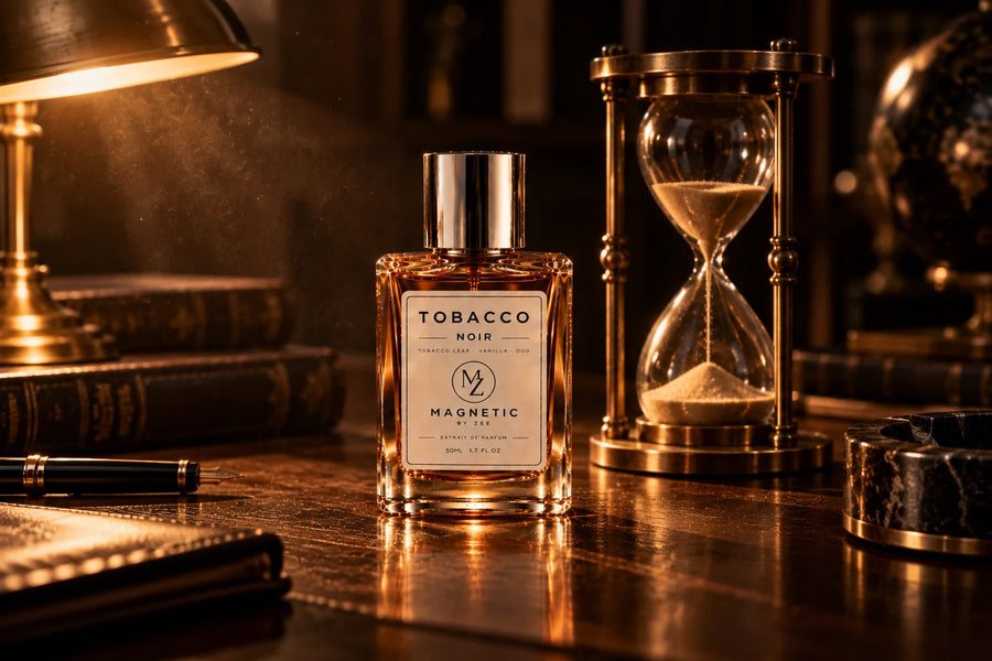TOBACCO NOIR bottle on a dark desk beside an hourglass, a brass lamp and leather bound books