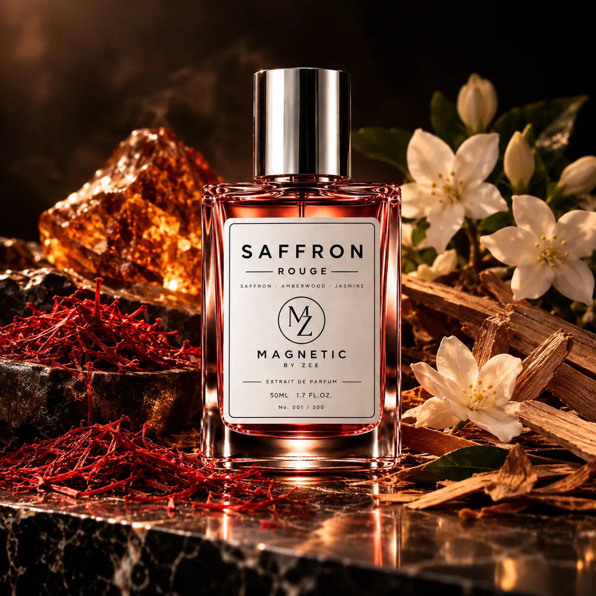 SAFFRON ROUGE bottle among saffron threads, amber resin, wood shavings and white jasmine flowers