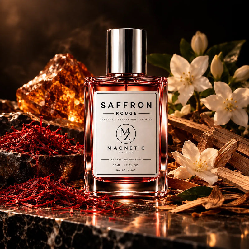 SAFFRON ROUGE bottle among saffron threads, amber resin, wood shavings and white jasmine flowers