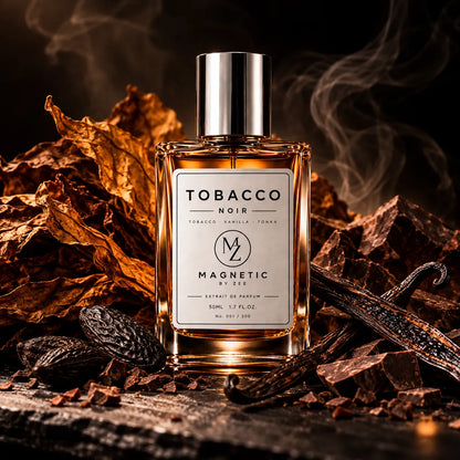TOBACCO NOIR bottle among cured tobacco leaves, vanilla pods and tonka beans