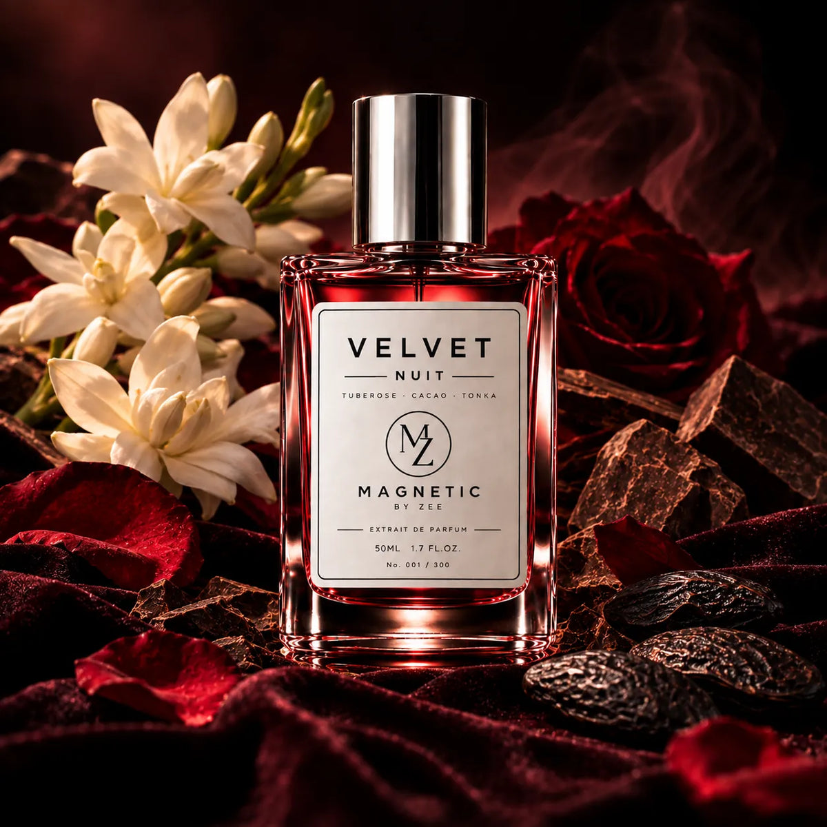 VELVET NUIT bottle among white tuberose blossoms, dark cacao, tonka beans and red velvet