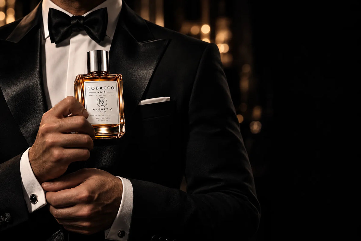 A man in a black tuxedo and bow tie adjusting his cufflink while holding a TOBACCO NOIR bottle